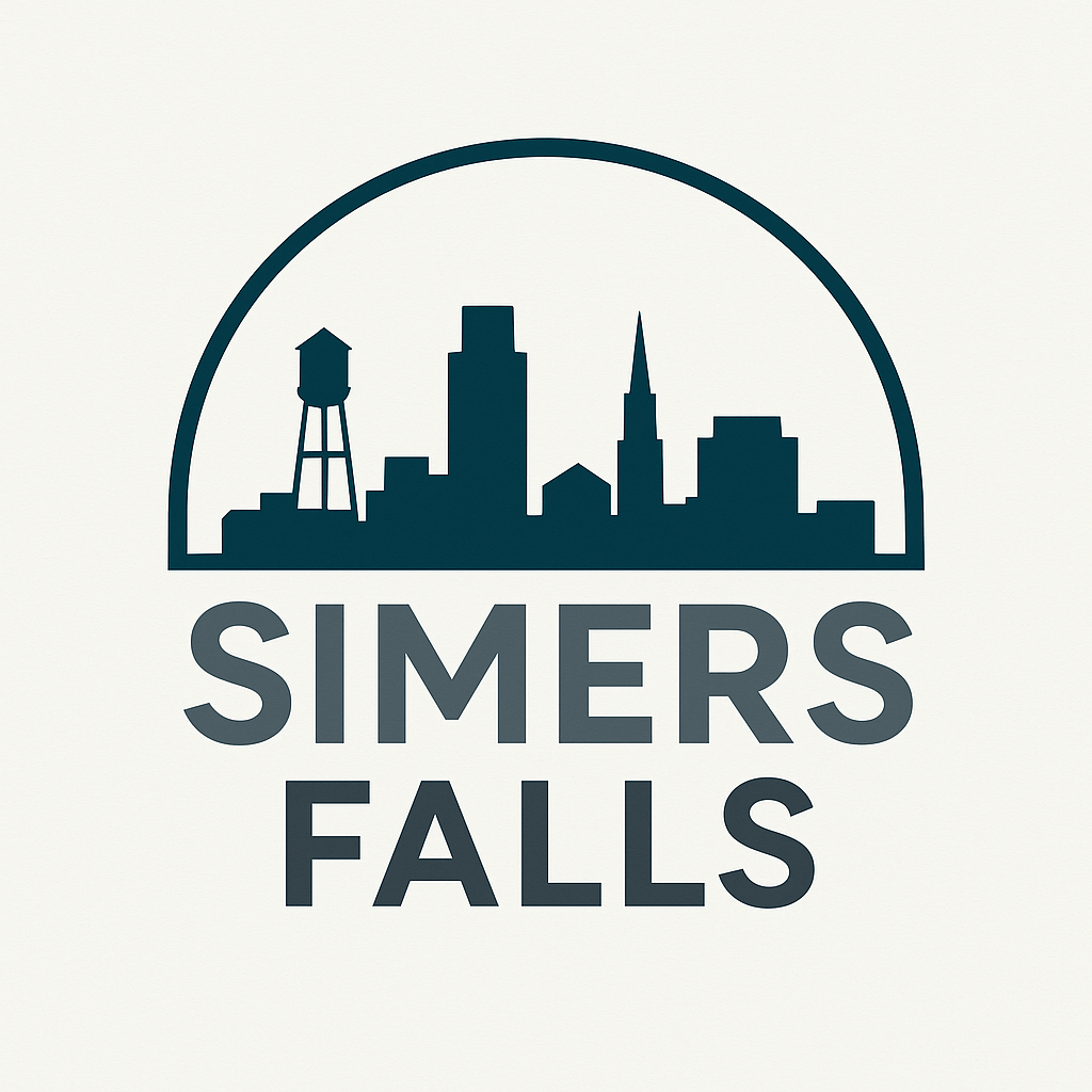 A logo with a city skyline and the words "SIMERS FALLS" in the center.